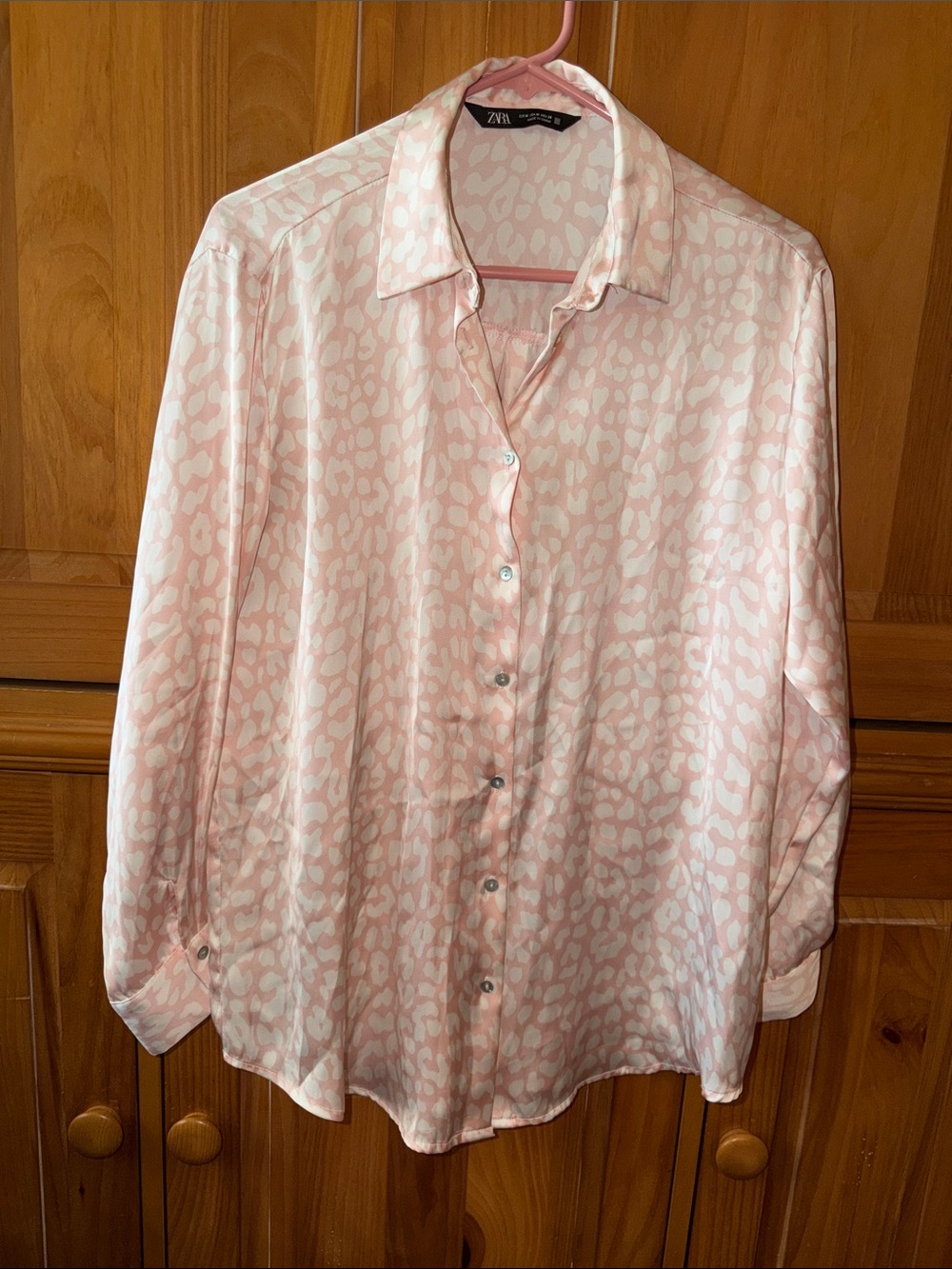 Zara Light Pink Animal Print Satin look Button-Down Shirt